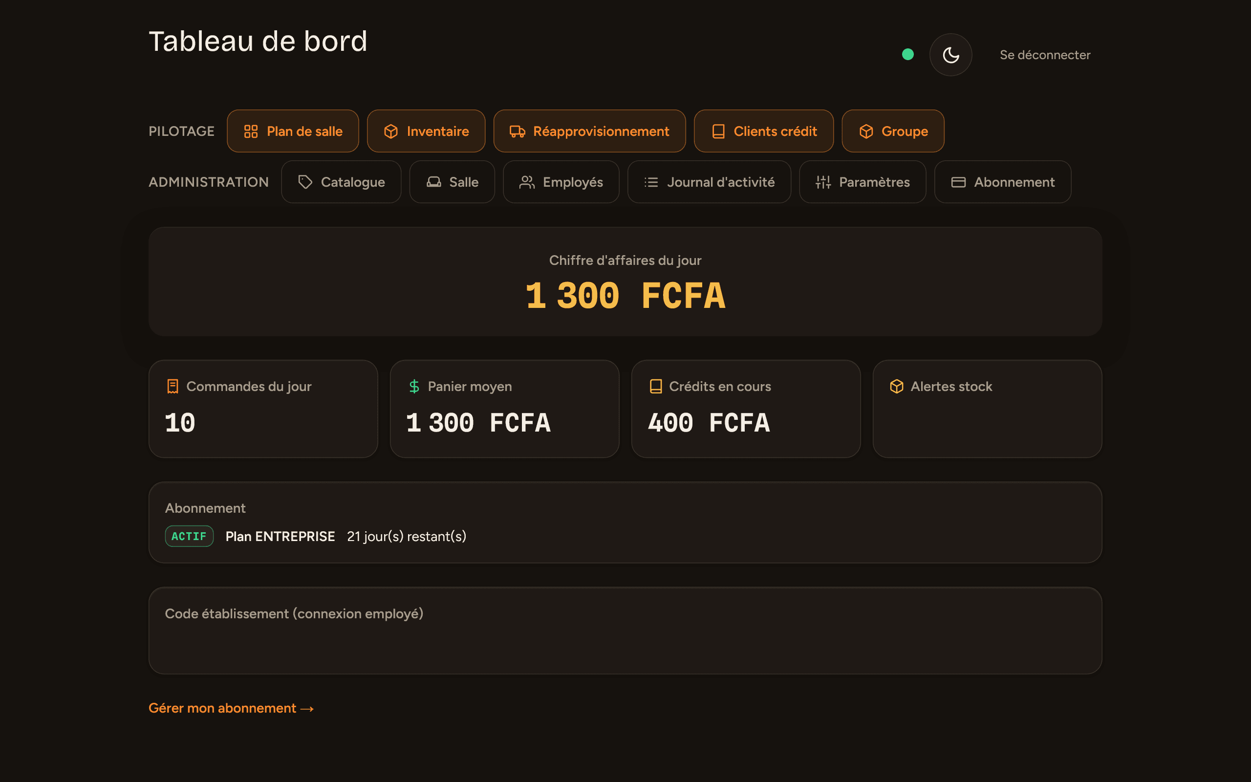 Tableau de bord du gérant : chiffre d'affaires du jour, panier moyen et alertes de stock